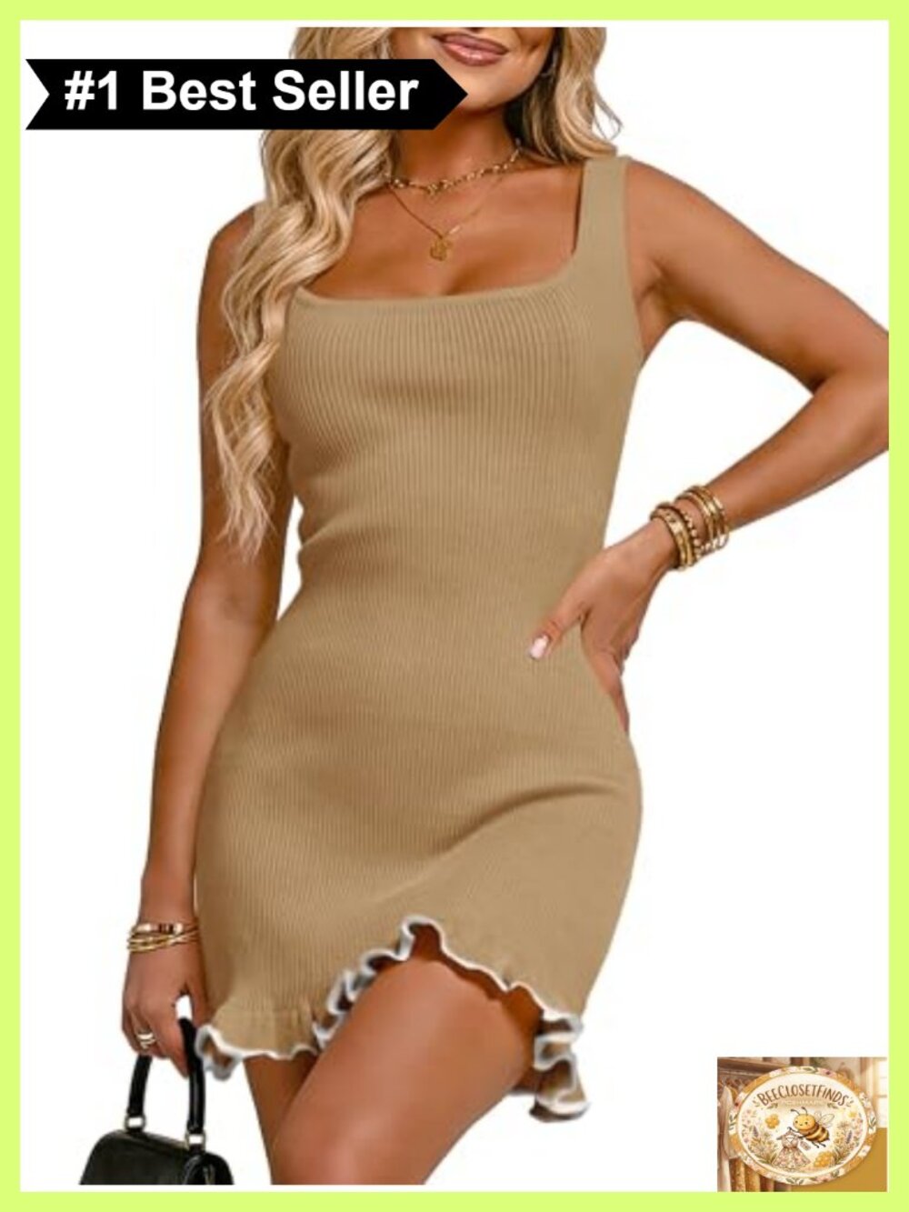 Ruffle Hem Mini Dress Sleeveless Ribbed Knit Bodycon Tank Dress